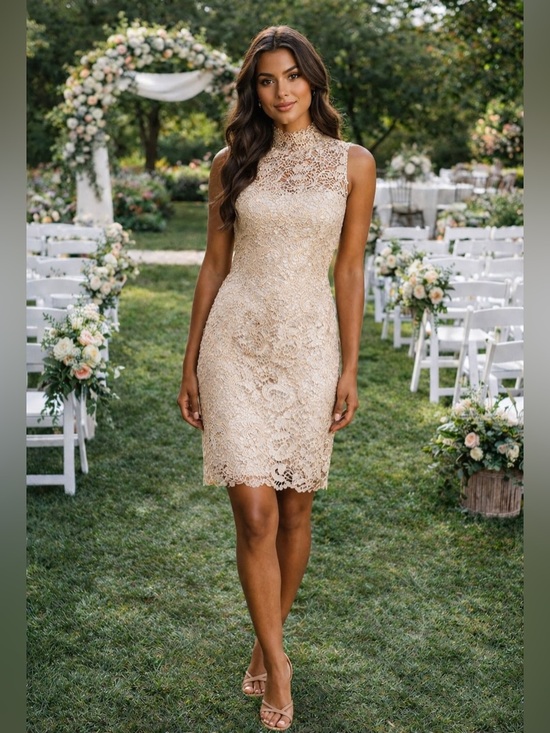 Gracia Dresses & Skirts - NWOT GRACIA Champagne Floral Lace Cocktail Sheath Dress Wedding Guest Elegant